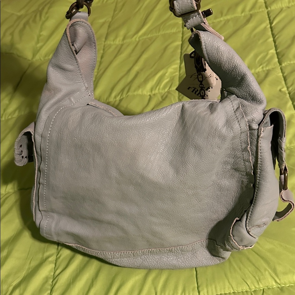 Free People We The Free Leigh Distressed bag aqua haze NWT +brass lock key chain - Picture 5 of 13